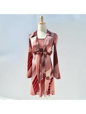 Vintage 70s Red Pink Floral Stripe Two-Piece Dress + Top Set Small Terri Juniors